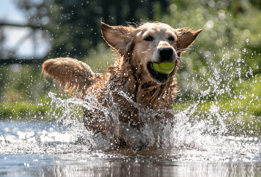 a dog running through water with a tennis ball in its mouth